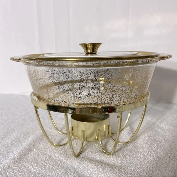 Vintage Anchor Hocking Fire King Gold Fleck Casserole & Stand Georges Briard Lid - Picture 4 of 15